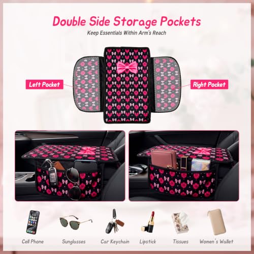 Pink Bow Car Center Console Armrest Cover with 2 Side Pockets (Bows-Black&Pink)