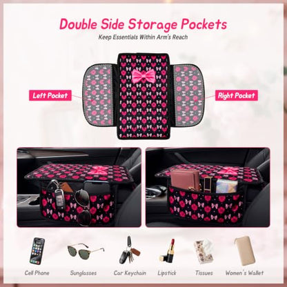 Pink Bow Car Center Console Armrest Cover with 2 Side Pockets (Bows-Black&Pink)
