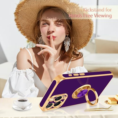 for iPhone 15 Pro Case 360° Rotatable Ring Holder Kickstand Shiny (For iPhone 15 Pro(6.1 inch,2023) / Deep Purple)
