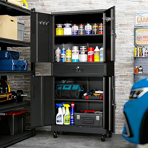 Metal Storage Cabinet for Garage (Black / L - 4 Doors & 1 Drawers (Wheeled))