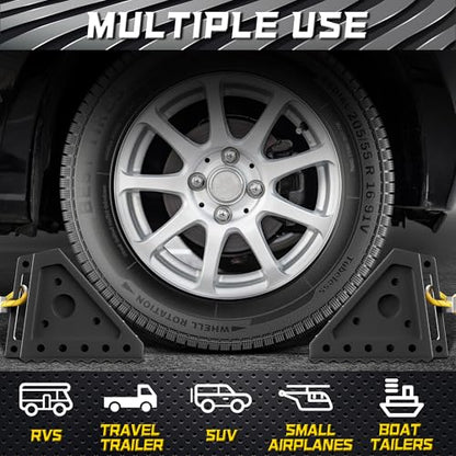 4 Pack Heavy Duty Wheel Chocks with 39" Rope & Dual Reflective Strips (4 Pack)