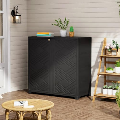 Indoor Outdoor Storage Cabinet Waterproof (Cabinet With 2 Shelf, Black)