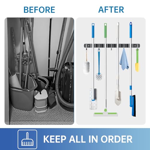 Wall Mount Broom Holder 4 Racks 5 Hooks Metal Tool Organizer Black (1Pack 4R5H / Black)