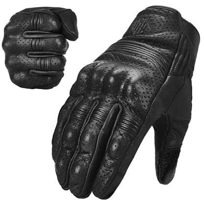 Goatskin Leather Motorcycle Motorbike Powersports Racing Gloves Touchscreen for Men and Women Model DN01 (Black Perforated / Small)