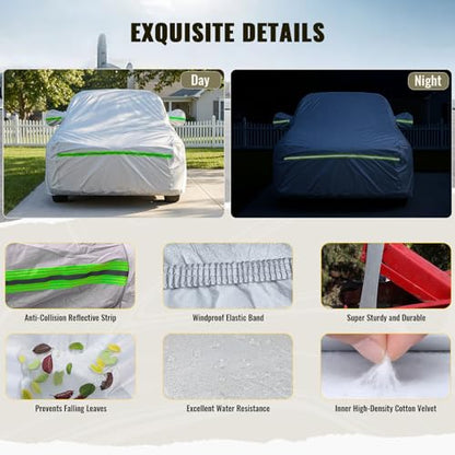 6 Layers Premium Full Car Cover Hard Shell Zipper Design Waterproof All Weather Weatherproof UV Sun Protection Snow Dust Storm Resistant Outdoor with Straps (Green reflective strip / SUV-XL ( Fit for SUV 191"- 200" ))