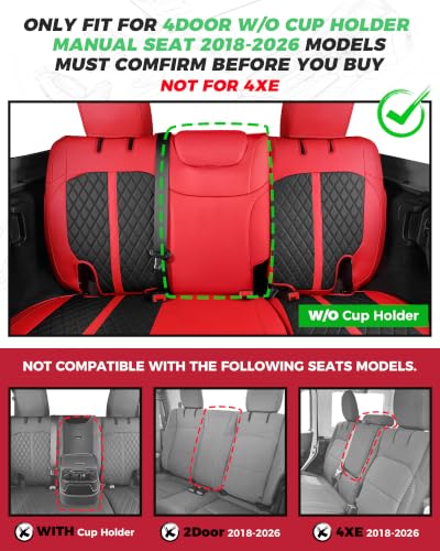 for Jeep Wrangler Leather Custom Car Seat Covers Full Set 4 Door (Red & Black / JL 18-26 4Door Without Rear Cup Holder)