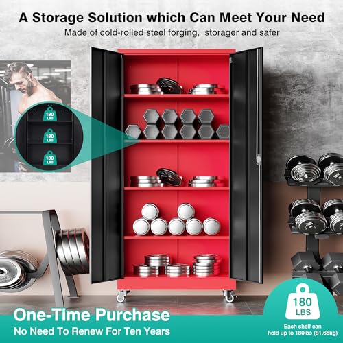 75" Tall Metal Storage Cabinet with Wheels (75"H x 31.5"W x 16"D / Red Black)