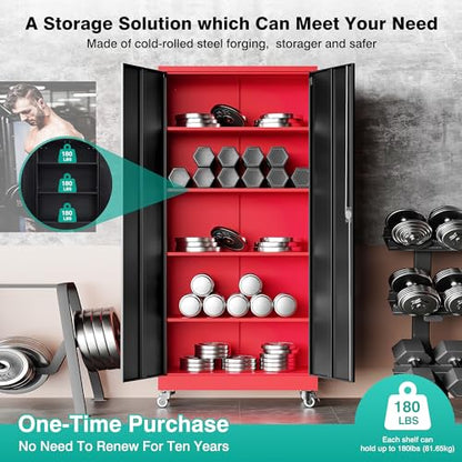 75" Tall Metal Storage Cabinet with Wheels (75"H x 31.5"W x 16"D / Red Black)
