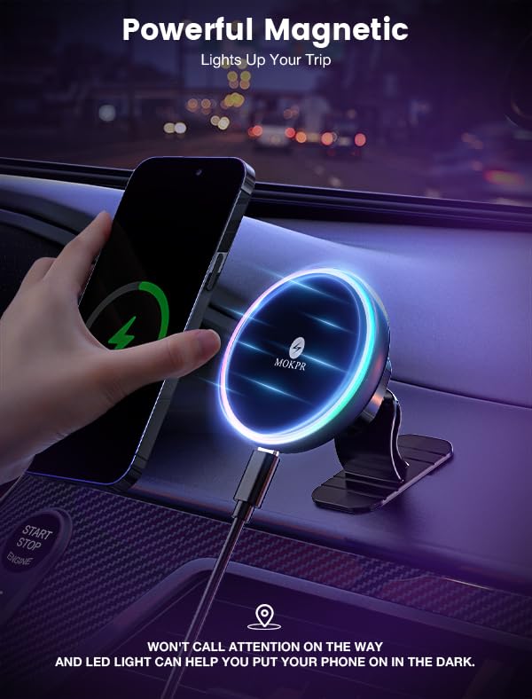 for Magsafe Car Mount Charger 15W LED RGB Car Phone Holder for Dash Vent (A Colorful Charger)