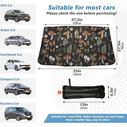 Mushrooms Windshield Sun Shade Umbrella Vintage Flower Butterfly Dragonfly Foldable Car Front Window Sunshade Blocks UV Rays Heat Keep Vehicle Cool (multi 14)