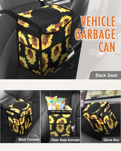 Car Trash Can with Lid Leakproof Car Garbage Bag Vehicle Trash Bin (2 Gallons / Black Sunflower)