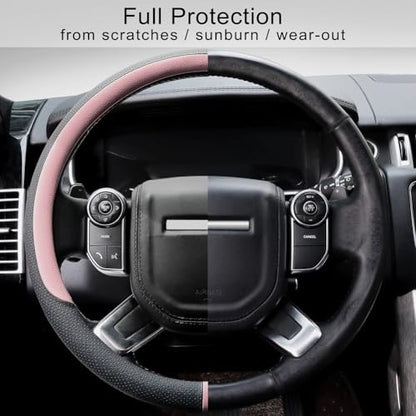 Breathable Car Steering Wheel Cover 16 inch Auto Universal Leather Wrap Non (A-Pink / L (15.5"-16"))