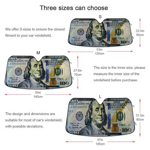 Car Windshield Sun Shade 100 Dollar Bill Printed Foldable Car Front Windshield Sunshade Blocks UV Rays Sun Visor Sun Heat Protection for Car Truck SUV to Keep Your Vehicle Cool (Large / Dollar Bill)