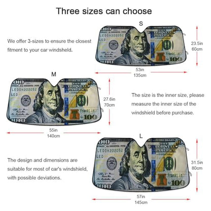 Car Windshield Sun Shade 100 Dollar Bill Printed Foldable Car Front Windshield Sunshade Blocks UV Rays Sun Visor Sun Heat Protection for Car Truck SUV to Keep Your Vehicle Cool (Large / Dollar Bill)