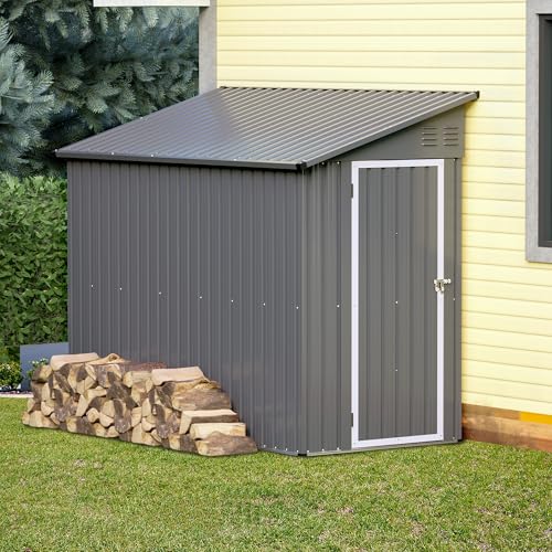 Lean to Storage Shed 4x8 FT Metal Sheds & Outdoor Storage Cabinet Lockable Tool Organization Bike Mower Shed Portable Outside for Garden Patio (4×8ft / Gray)