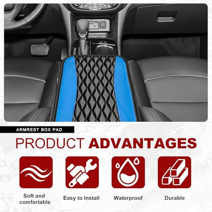 Leather Car Center Console Cover with Side Storage Pockets (Blue)