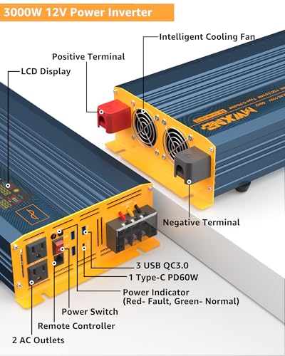 3000W Pure Sine Wave Power Inverter DC 12V to 110V 120V with Fast Charging Type (3000W- 12V)