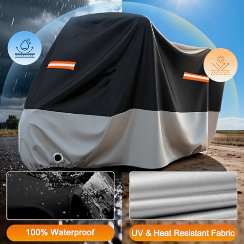 Motorcycle Cover Waterproof Outdoor All Weather Protection (Black & Silver / 86.6")