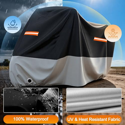 Motorcycle Cover Waterproof Outdoor All Weather Protection (Black & Silver / 96.5")