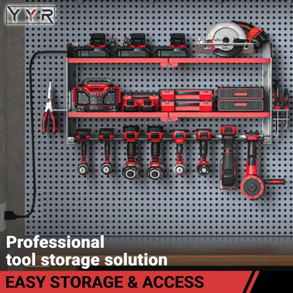 Power Tool Organizer with Charging Station Wall Mount (with Power Strip / Red)
