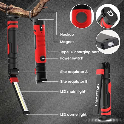 Rechargeable Work Light 2500mAh Magnetic LED Work Light Flashlight Mechanic Light Tool for Men Him (600 Lumens + 600 Lumens)