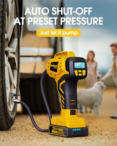 Tire Inflator Portable Air Compressor 21V Battery Powered 160PSI (Yellow)