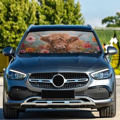 Windshield Sun Shade Umbrella Highland Cows Florals Foldable Car Front Window Sunshade Blocks UV Rays Heat Keep Vehicle Cool 55"x27.5" (multi 9)