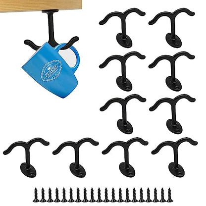 10 Pcs Zinc Alloy Ceiling Double Hook Cabinet Wardrobe Coat Towel Hat Hook Hooks Under Cabinet Shelf (Black)