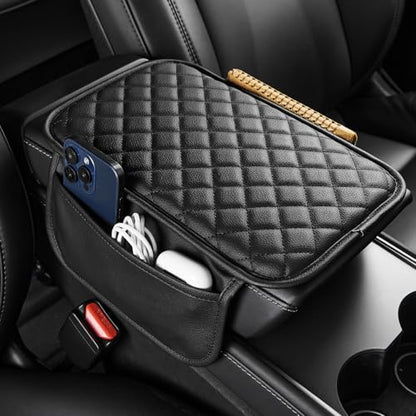 Center Console Cover with Storage Bag for SUV Sedan Car (Black / 12.6" x 7.75" x 0.66")