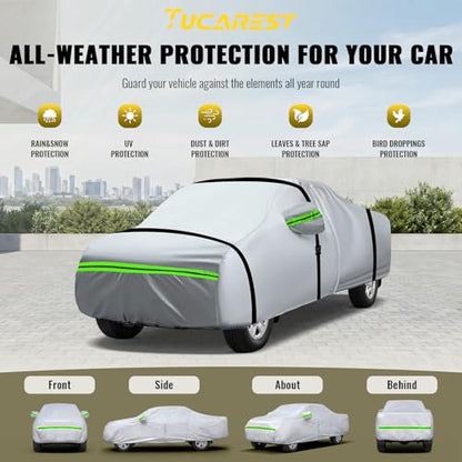 6 Layers Heavy Outdoor Pickup Full Car Cover Hard Shell Zipper Design Waterproof All Weather Weatherproof UV Sun Protection Snow Dust Storm Resistant with Straps (Green reflective strip / Pickup-L ( Fit for Pickup 213"- 237" ))