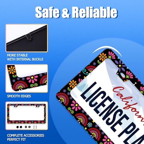 Folk Flowers License Plate Frame Stainless Steel Accessory 12.3x6.3 Inch (Folk Flower Vintage Floral)