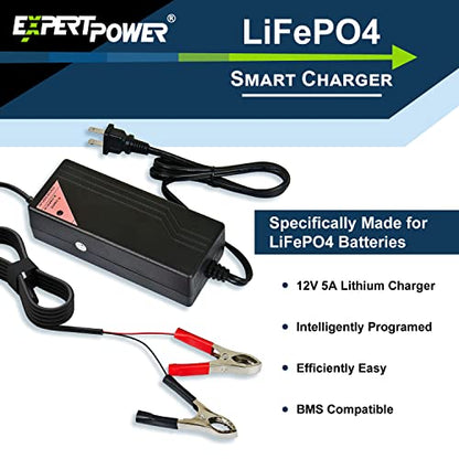 12.8V 5A Smart Charger for Lithium LiFePO4 Deep Cycle Rechargeable Batteries (5 Amp)
