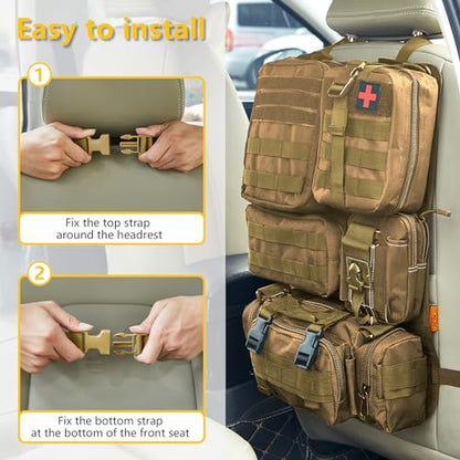 Universal Tactical Seat Back Organizer Vehicle Molle Panel Organizer Storage Bag with 5 Detachable Molle Pouch for All Vehicel Such as Jeep (A model-Khaki)