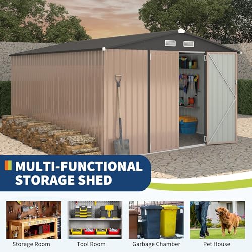 10x14 FT Metal Storage Sheds Outdoor (Brown / 10x14FT)