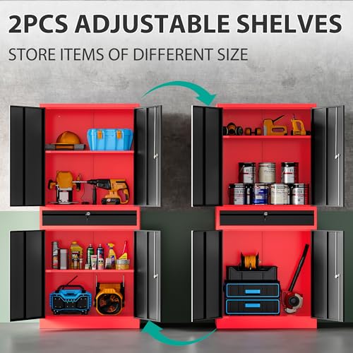 Metal Storage Cabinet with Drawer and Lock (71"H x 31.5"W x 16"D / Red Black)