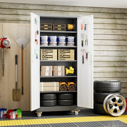 Metal Garage Cabinet with Wheels and Pegboard 71'' x 32'' x 16'' (Grey&white / 16"D x 32"W x 71"H)