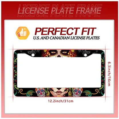 Sugar Skull Retro Stainless Steel License Plate Frame Fits US Standard (Sugar Skull Retro Skulls)