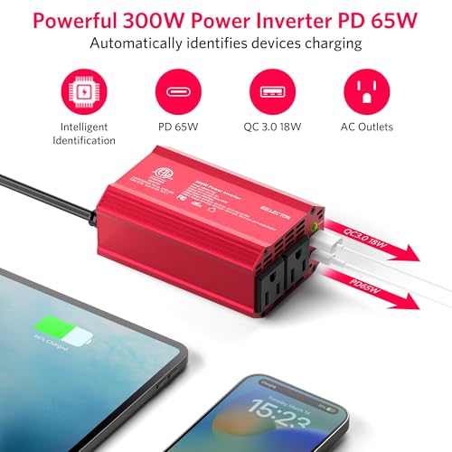 300W Power Inverter DC 12V to 110V AC Car Outlet Adapter with USB (Red)