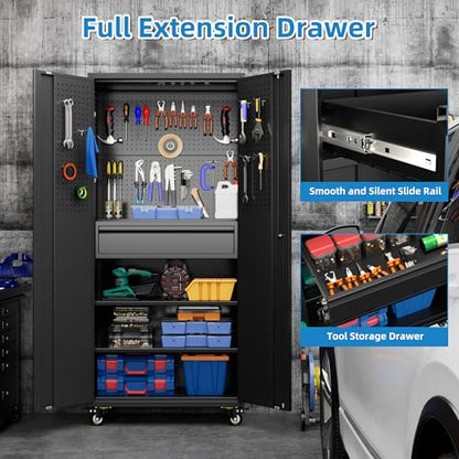 71"H Garage Storage Cabinet with Wheels (Black / 15"D x 30"W x 71"H)
