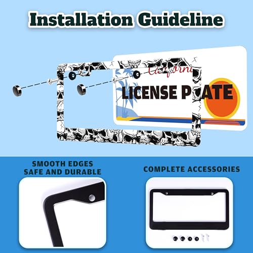 Black White Skull Skeleton License Plate Frame Stainless Steel 6 X 12 Inch (Skull)
