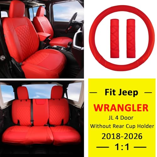 Wrangler JL Seat Covers Custom Fit for Jeep Wrangler (Red / 18-26 JL 4 Door Without Rear Cup Holder Full Set)