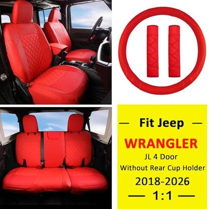 Wrangler JL Seat Covers Custom Fit for Jeep Wrangler (Red / 18-26 JL 4 Door Without Rear Cup Holder Full Set)