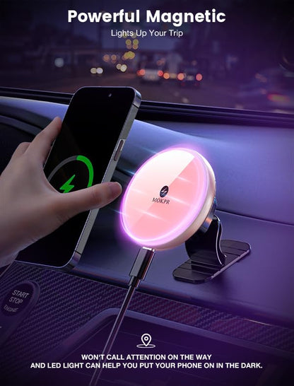 for Magsafe Car Mount Charger 15W LED RGB Car Phone Holder for Dash Vent (Pink)