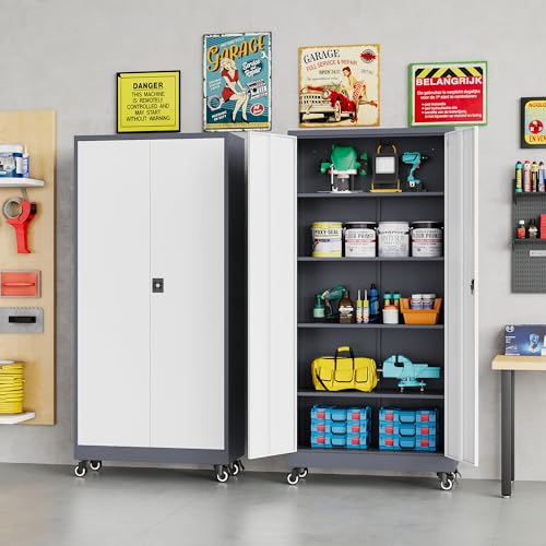 75" Tall Metal Storage Cabinet with Wheels (75"H x 31.5"W x 16"D / Gray White)