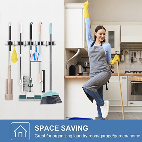 2 Pack Broom Holder Wall Mount Stainless Steel Mop Organizer (Stainless Steel - 5 Racks with 4 Hooks / 2 Pack)