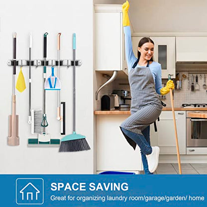 2 Pack Broom Holder Wall Mount Stainless Steel Mop Organizer (Stainless Steel - 5 Racks with 4 Hooks / 2 Pack)