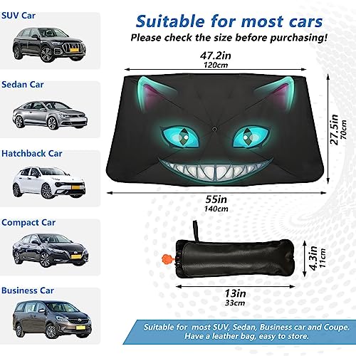 Fantasy Scary Laugh Cat Black Windshield Sun Shade Umbrella Cheshire Cat Halloween Foldable Car Front Window Sunshade Blocks UV Rays Heat Keep Vehicle Cool (multi 7)
