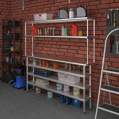 14" x 72" Stainless Steel Work Table with 3 Shelves and 12" Wide Double Tier Overshelf (14" x 72" Table with 3 Shelves + 12" Overshelf)