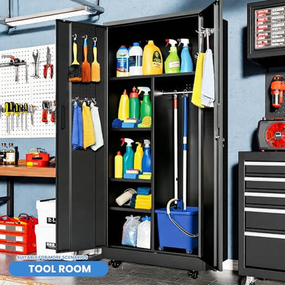 Metal Storage Cabinet for Garage (Black / L - 2 Doors & Hanging Rod (Wheeled))