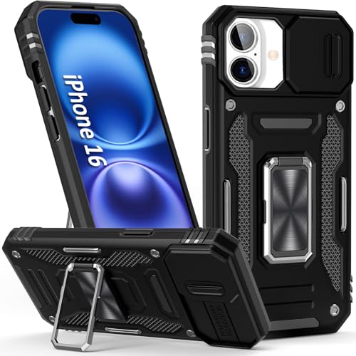 Heavy Duty Phone Case for i Phone 16 Case with Camera Cover Black (iPhone 16 【6.1 inch】 / Black)